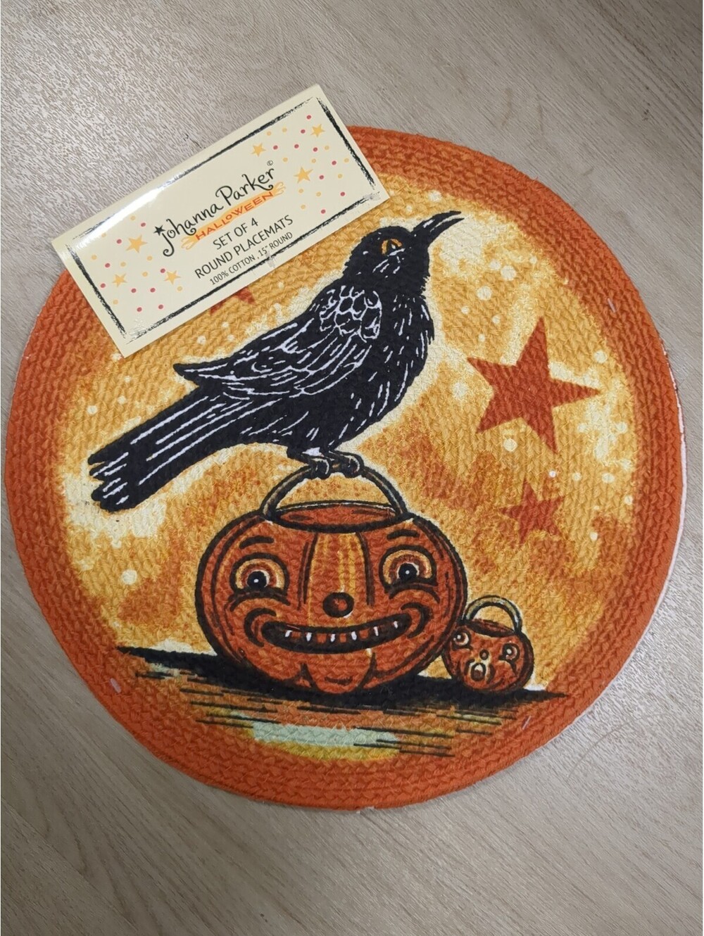 Johanna Parker Halloween VTG Style Crow Pumpkin Braided Placemats New Set Of 4